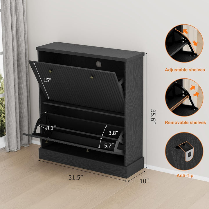 Wellen-Design 80×25×H90 cm Schuhschrank, Shoe Cabinet Mit 2 Klappen, Verstellbares Regal & Versteckt