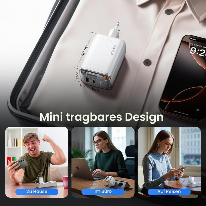 toocki USB C Ladegerät, 3Port GaN Mehrfach Ladegerät mit Schnell Einziehbares Ladekabel,67W USB C Ne