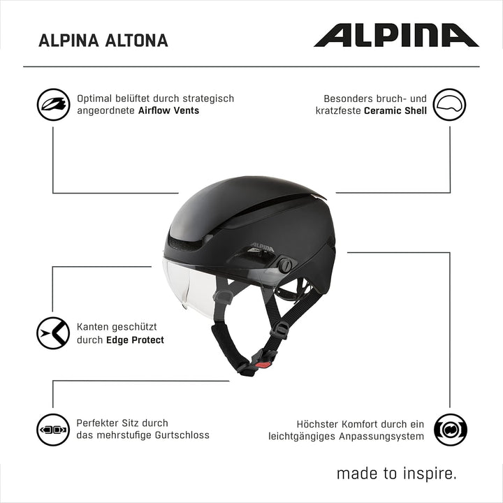 ALPINA ALTONA - Extrem Leichter, Beleuchteter & Belüfteter Fahrradhelm Mit Hochwertigem Visier Für E