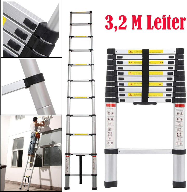3,2 m Alu Arbeitsstufenleiter Dekorateure DIY ausziehbare Teleskop-Dachbodenleiter 10,5 Fuss Mehrzwe