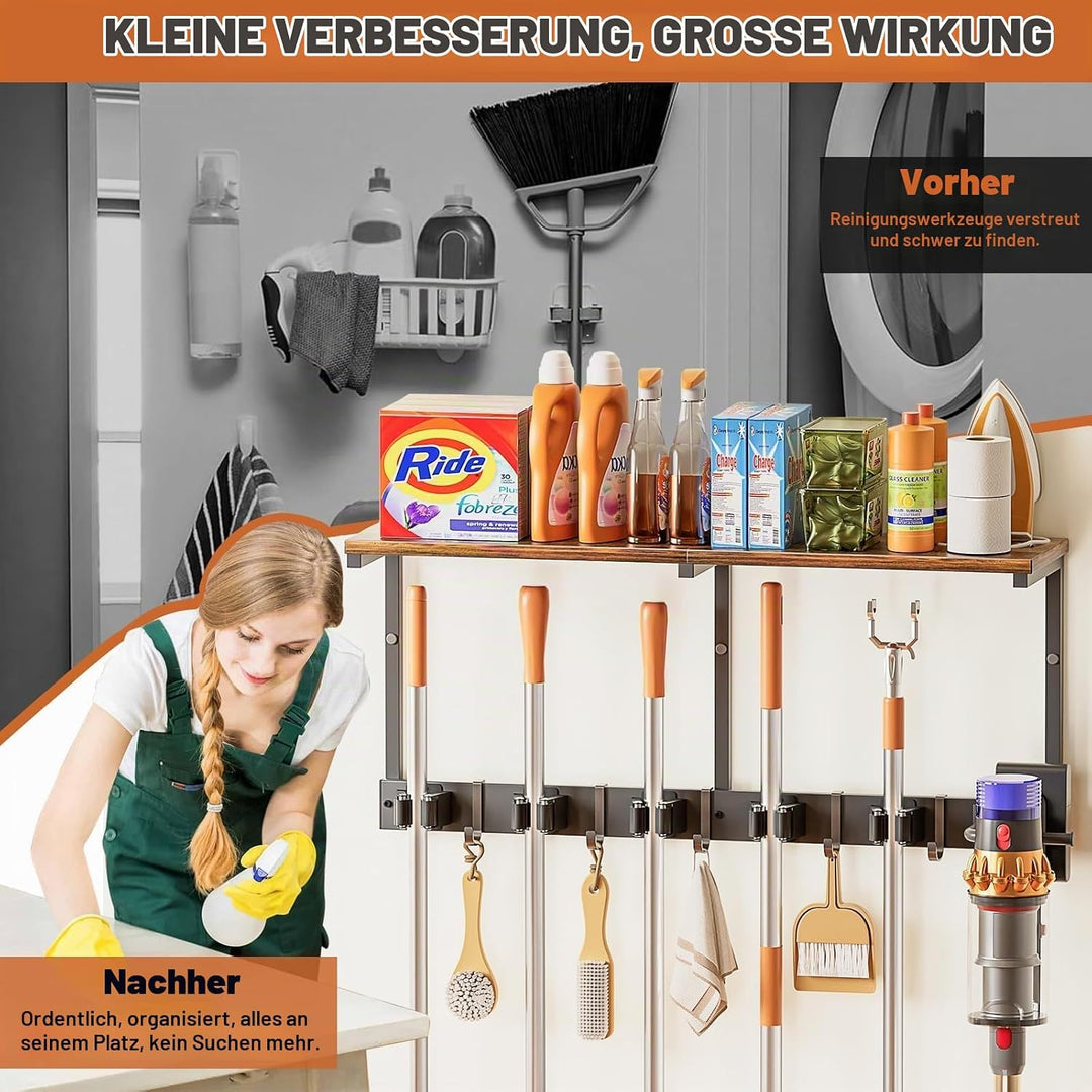 VINCOURNA Besenhalterung Wand, Besenhalter mit 6 Halter und 4 Haken, Wandhalterung Besen mit Regal,