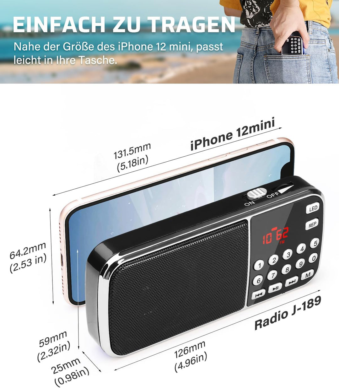 PRUNUS J-189 FM/UKW Kleines Radio mit Bluetooth, Kofferradio mit Heavy Bass Lautsprechern, TF/USB/AU