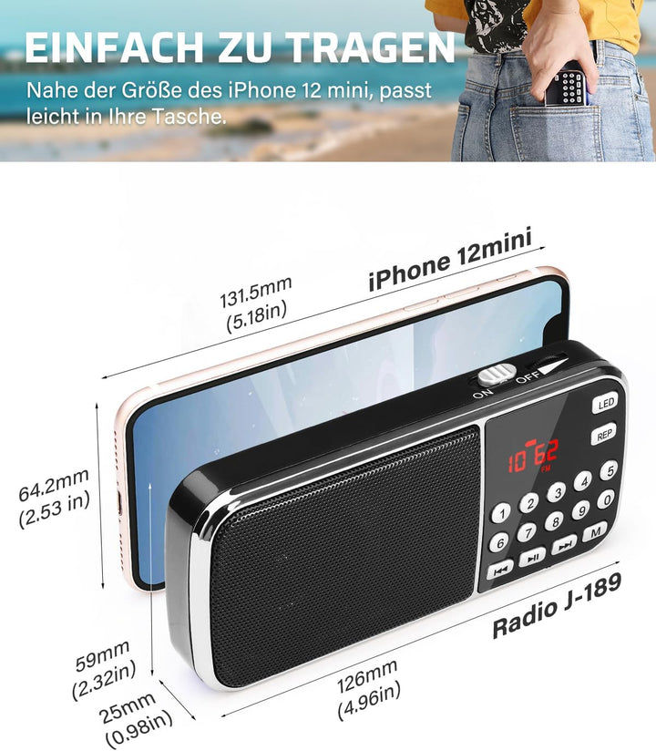 PRUNUS J-189 FM/UKW Kleines Radio mit Bluetooth, Kofferradio mit Heavy Bass Lautsprechern, TF/USB/AU