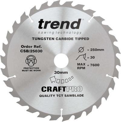 Trend CraftPro Rip TCT Kreissägeblatt für Tischsägen, 250mm x 30 Zähne x 30mm Bohrung, Hartmetallbes