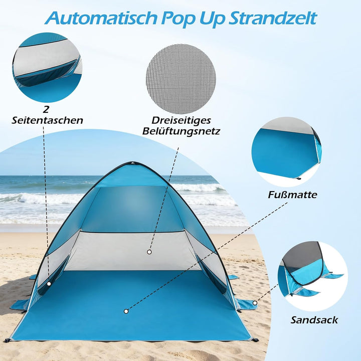 W&amp;H Strandmuschel Pop Up,UV Schutz 50+,Strandzelt für 2-3 Personen inkl. Tragetasche und Heringe,200