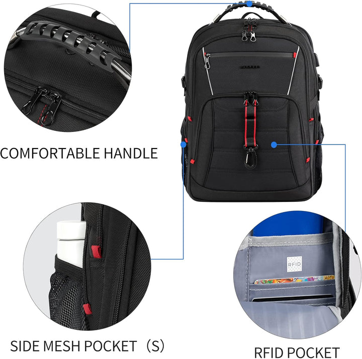 KROSER Grosser Rucksack für Herren, 17,3 – 18,4 Zoll, XXXL, Laptop-Rucksack, mit RFID-Taschen und wa