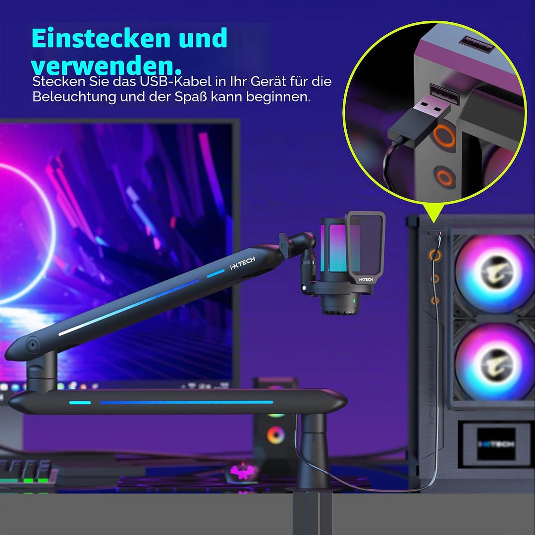 IXTECH RGB Low Profile Galgenarm für Mikrofon, verstellbarer Mikrofonarmständer mit Tischhalterungsk