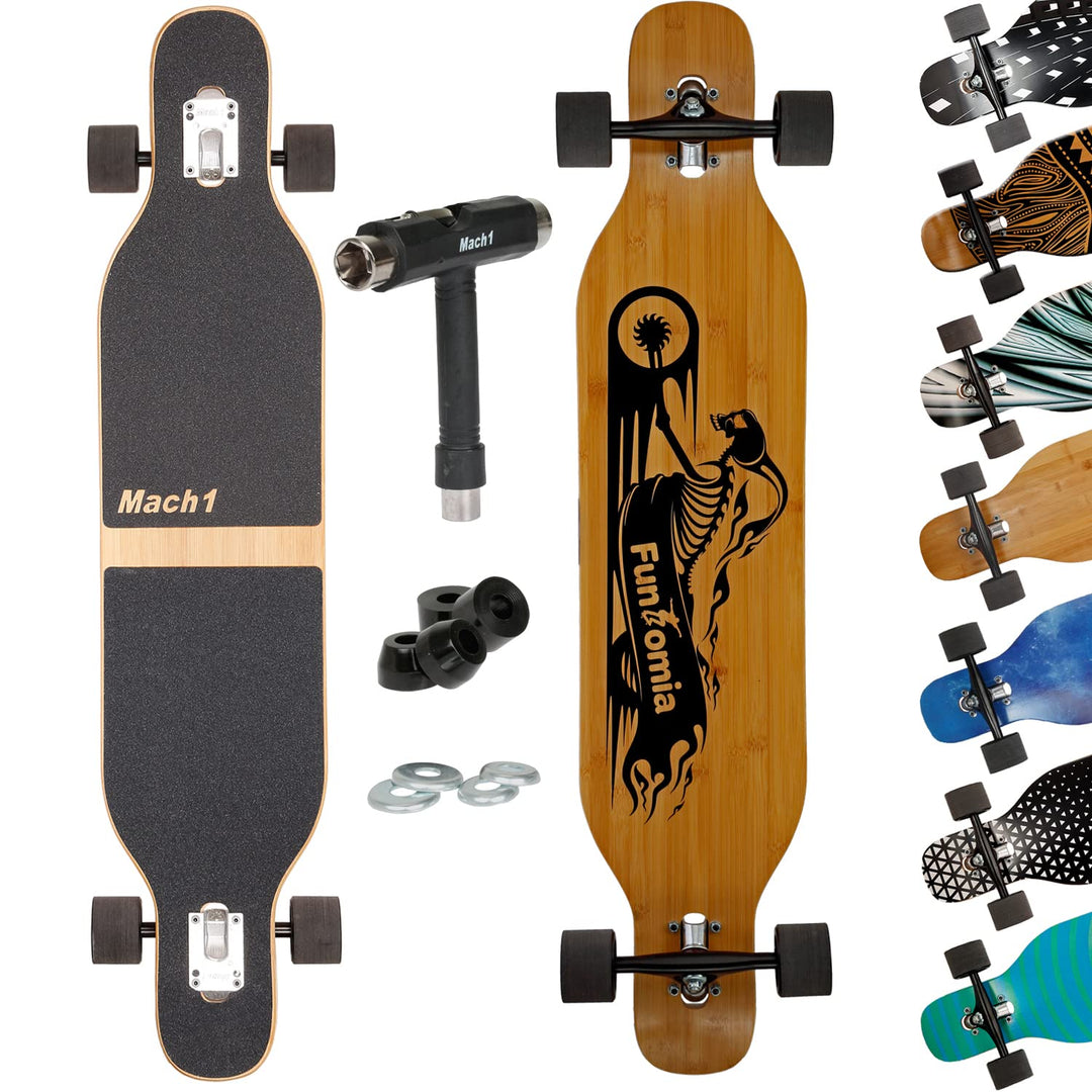 Mach1 Bambus Longboard mit Keramik Kugellager + T-Tool - Skateboard Drop Through Cruiser Komplettboa