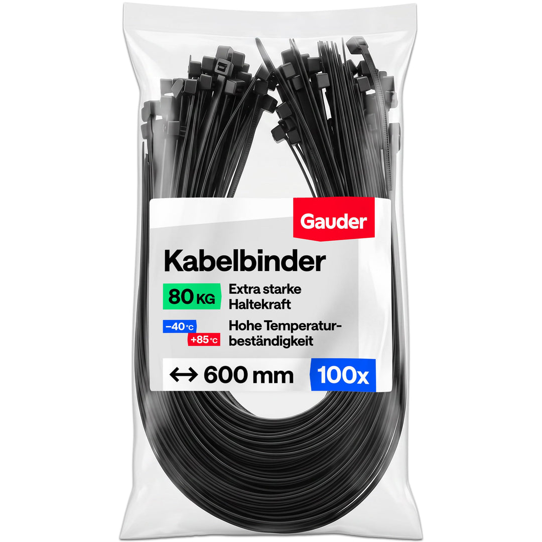 GAUDER Kabelbinder schwarz (80 kg Zugfestigkeit) - Extra starke und lange Kabelbinder für Kabelmanag