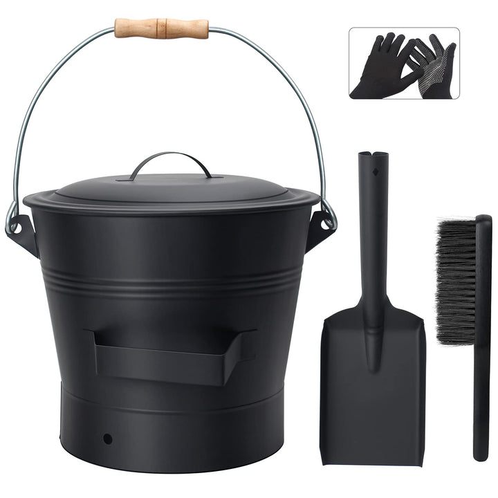 BRIAN & DANY Ascheeimer mit Deckel, Runder Kohleeimer für Kamine, 10L Eimer mit Schaufel und Handbes