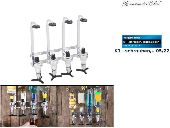 Rosenstein &amp; Söhne Bar Butler: Aluminium-Flaschenhalter und Dosierer, 4-fach, für Wandmontage (Flasc