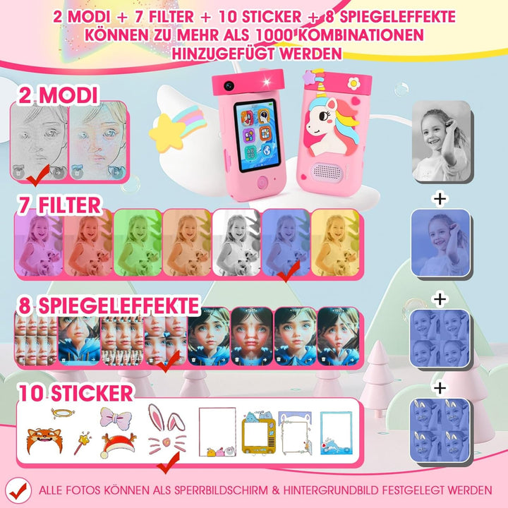 ARNSSIEN Kinder Handy Smartphone Spielzeug mit 180° Drehobjektiv &32GB Karte, Kinderkamera mit Touch