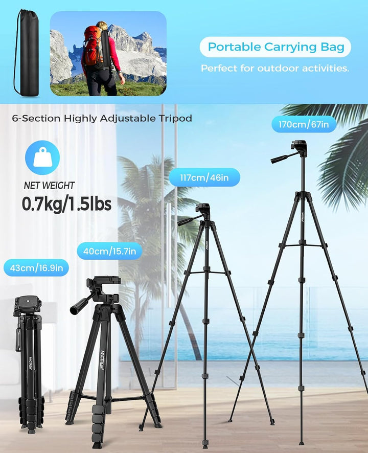 MACTREM 170 cm Aluminium Handy Stativ, Kamera Stativ für Smartphone iPad iPhone Tablet mit 2-in-1 Ha