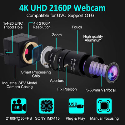 ELP 4K Webcam,2160P Zoom Web Kamera mit 5-50mm Manuell Objektiv,Variable Fokus Ultra HD Kamera,Plug