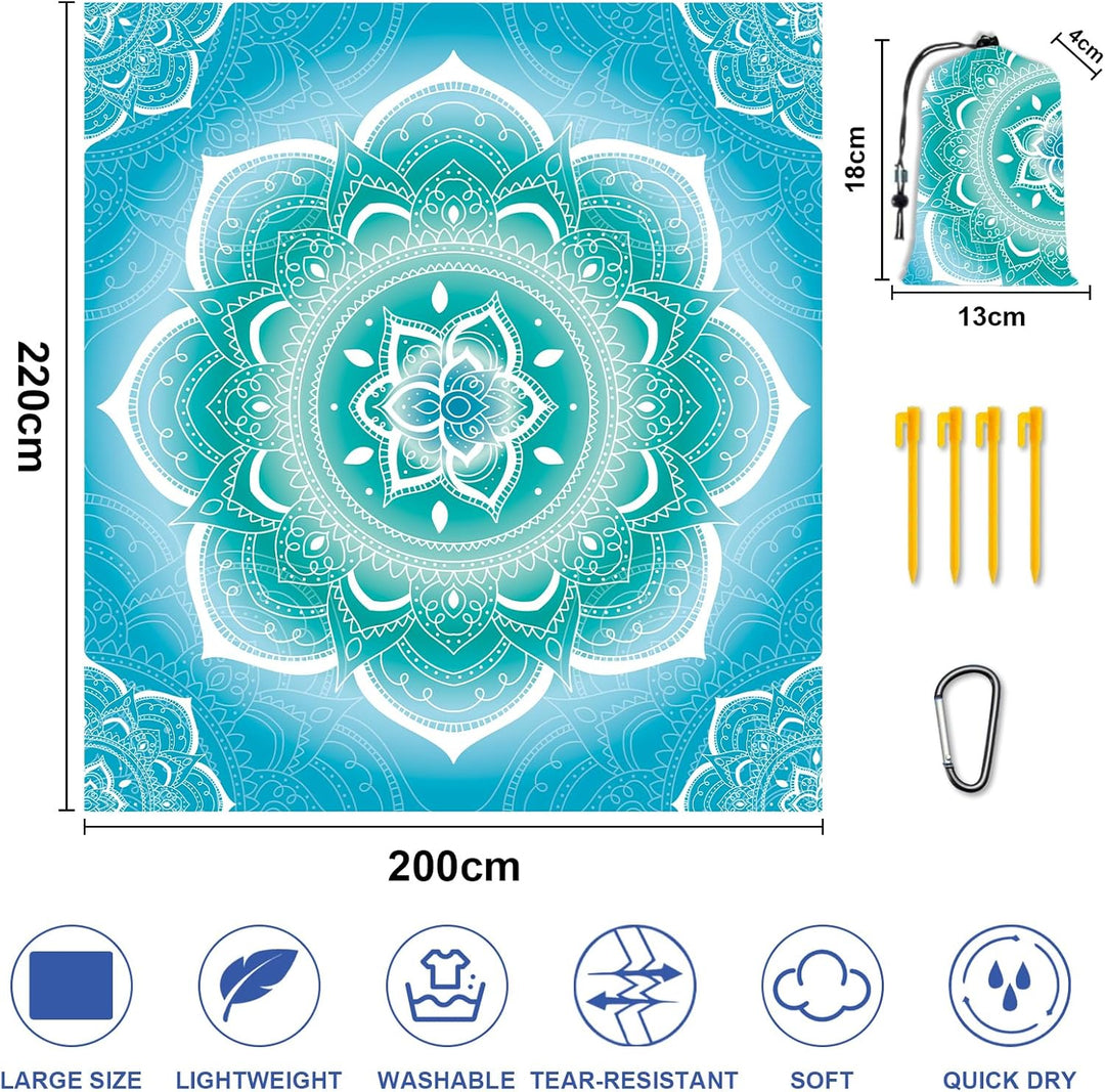 Stranddecke Sandfrei Wasserdicht Mandala 200x220cm Grosse Strandmatte Picknickdecke für 4-6 Personen