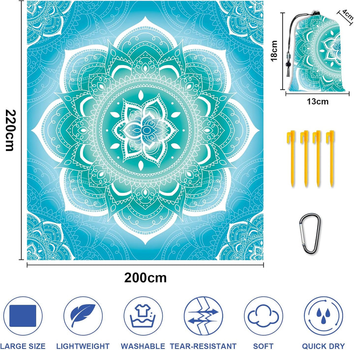 Stranddecke Sandfrei Wasserdicht Mandala 200x220cm Grosse Strandmatte Picknickdecke für 4-6 Personen