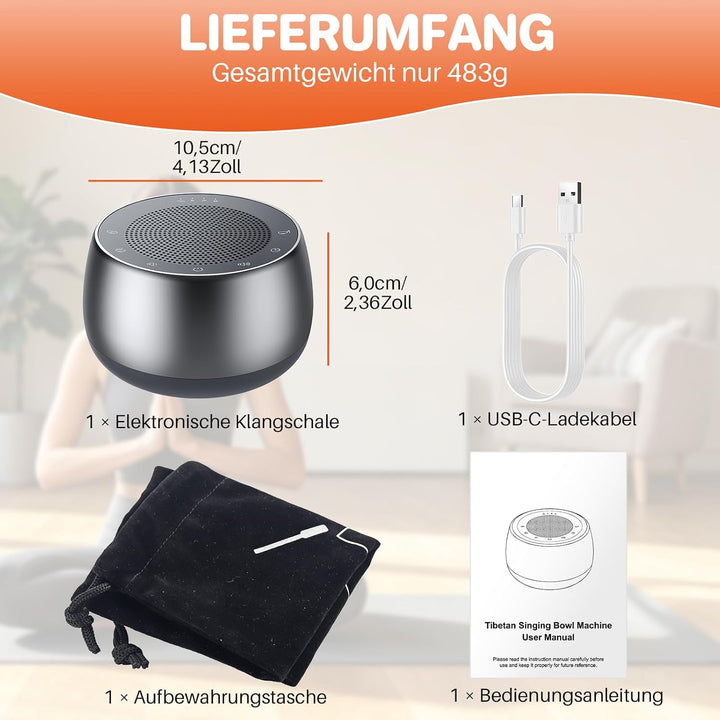 FUNYKICH Tibetische Meditationsschalen Klangmaschine, 9 Klänge, Metallgrau | 4 Timer, Memory-Funktio