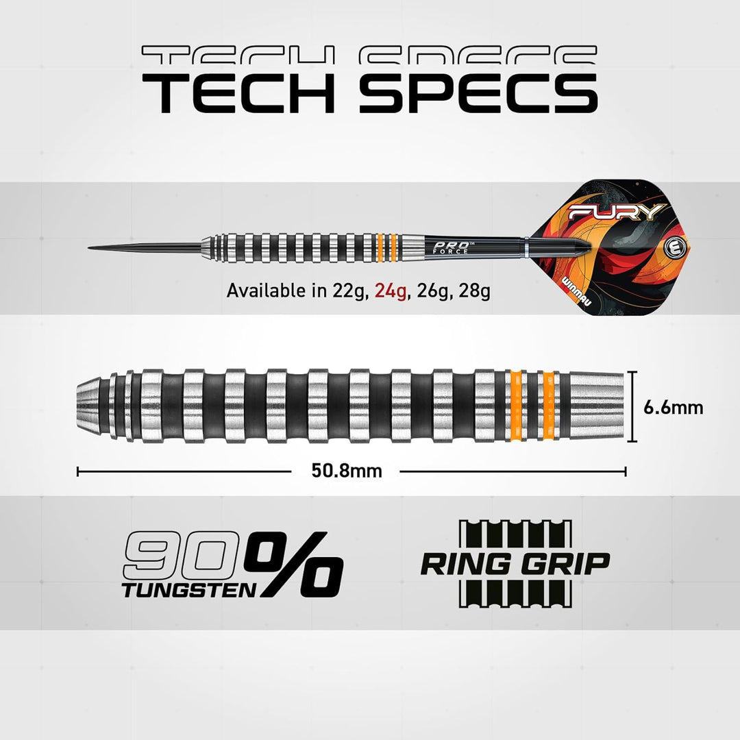 WINMAU Fury 24 Gramm Profi Wolfram Steeltip Dartpfeile Set mit Flights und Schäfte