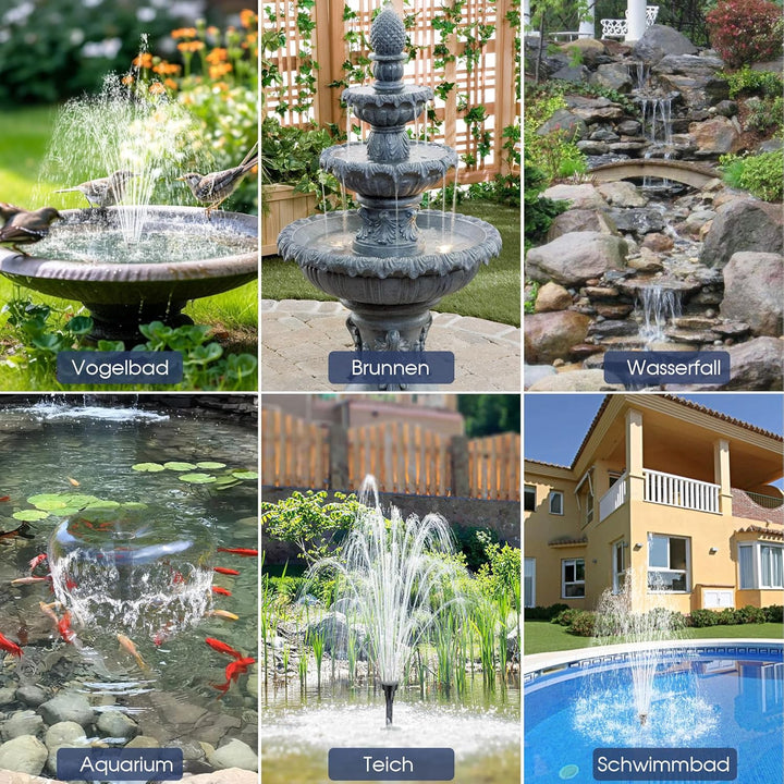 Biling Solar Springbrunnen für Aussen, 12W 605L/H Leise Teichpumpe Solar mit 4 Düsen und Schlauch, S