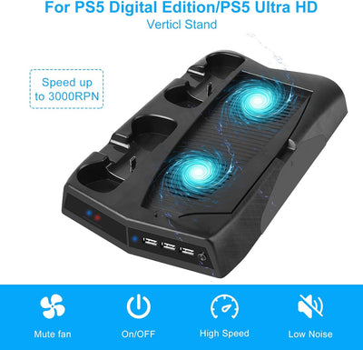 EEEKit Vertikal Ständer für PS5 mit Lüfter Dualsense Controller Ladestation Standfuss mit 14 Versenk