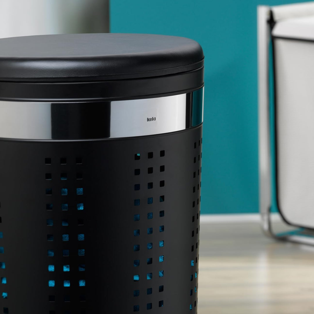 kela 21819 Wäschetruhe mit Sitzkissen, Rund, 60,5 cm Höhe, Metall, Sevilla, Hellgrau Hellgrau Metall