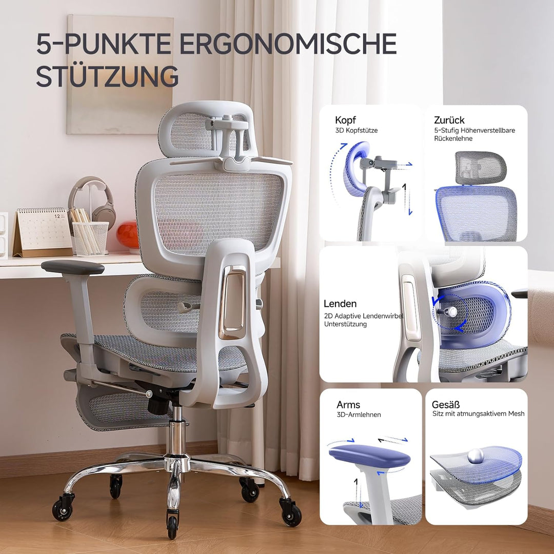 Ergonomischer Bürostuhl mit Fussstütze &amp; Nackenkissen, 5-Fach Höhenverstellbare Rückenlehne, 2D Lord