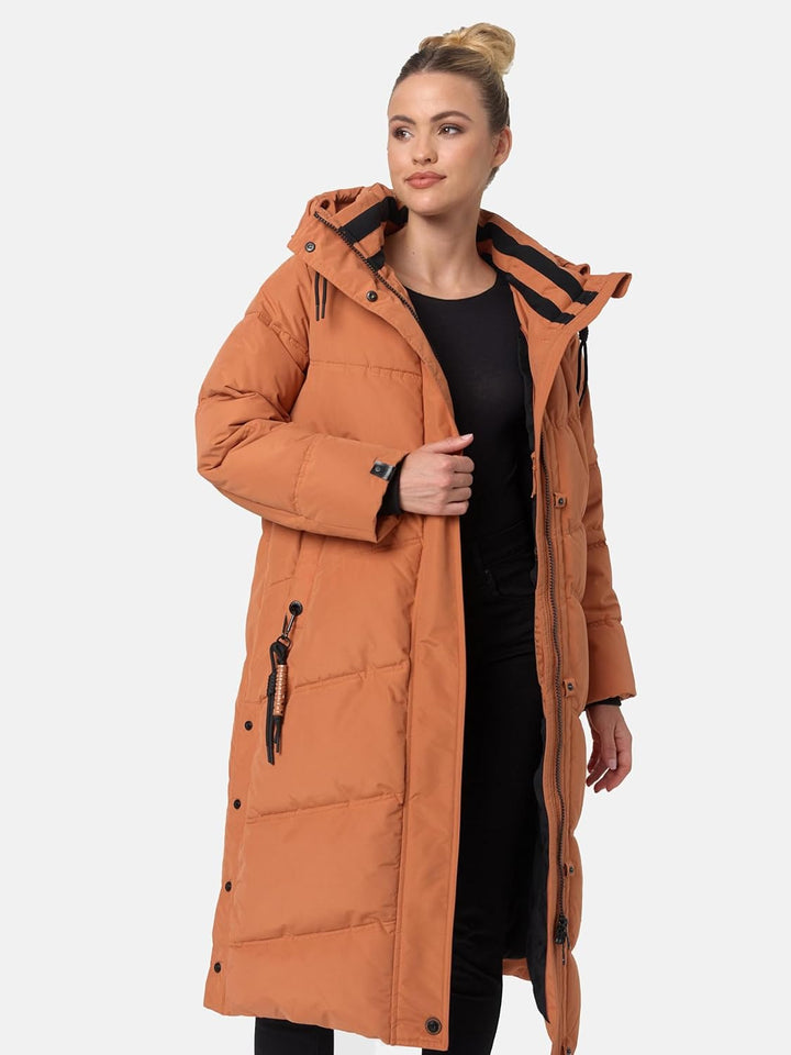 Navahoo Damen Wintermantel Warmer Steppmantel lang mit Kapuze Kuschelmausi S-XXL S Rusty Cinnamon, S