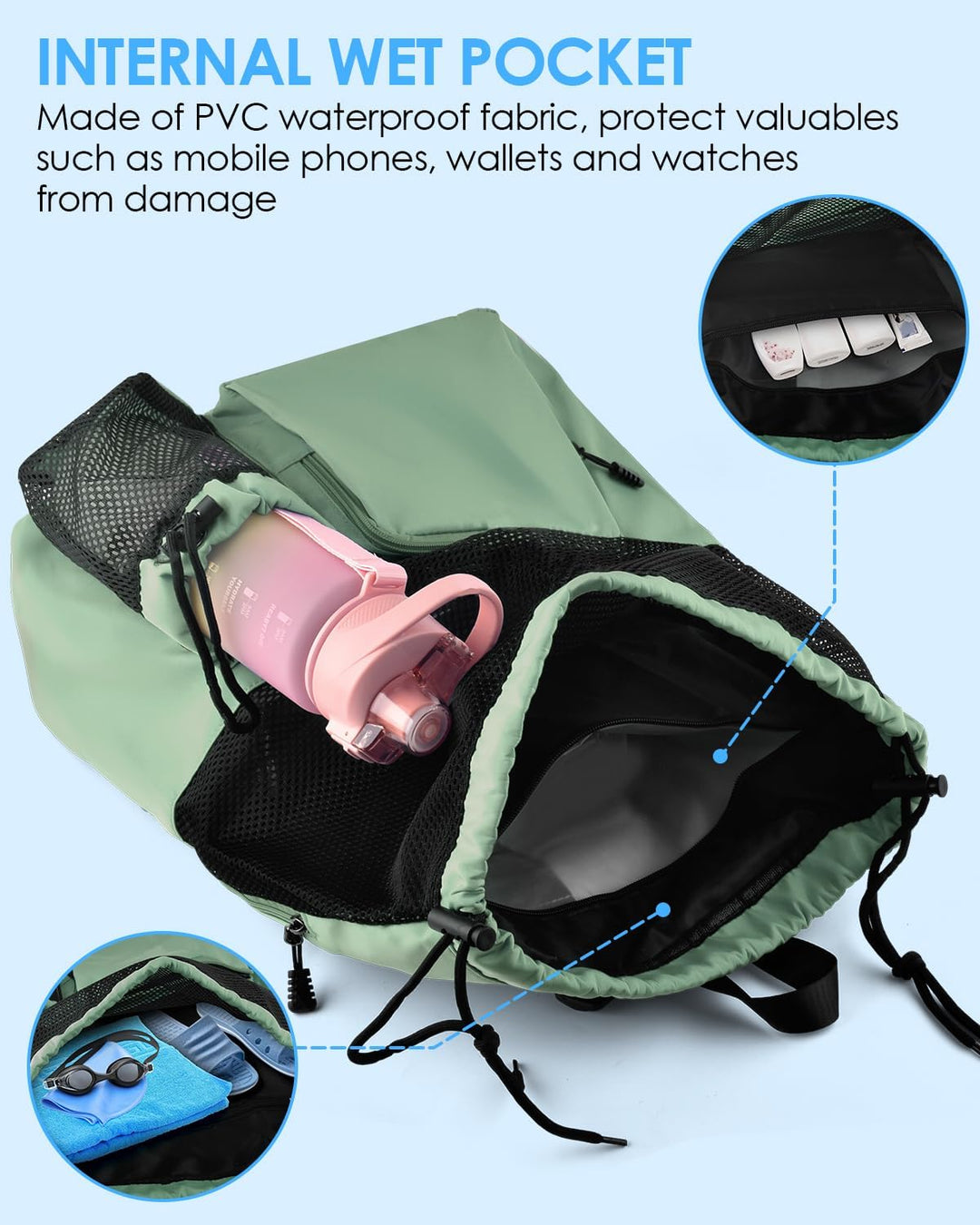 BROTOU Schwimmen Tasche, Schwimmtasche Mesh-Rucksack mit Kordelzug, Strandrucksack Turnbeutel Sportb