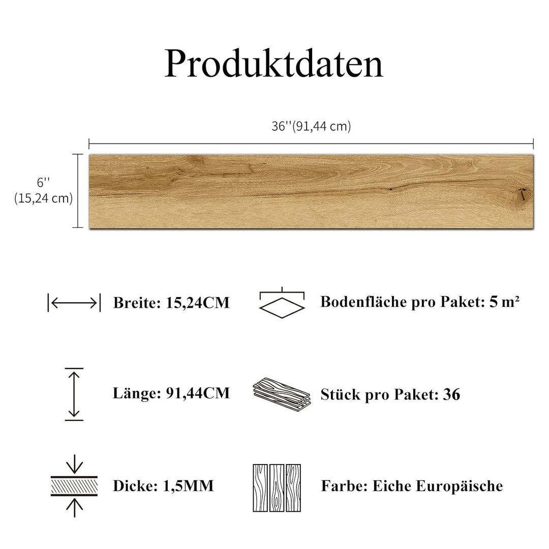 Mysflosy Vinylboden Selbstklebend, PVC Bodenbelag holzoptik wasserdicht, Eiche Europäische 15,24 cm