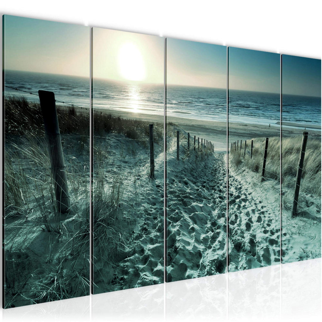 Runa Art Wandbild XXL Strand Sonnenuntergang Schlafzimmer Wohnzimmer 200 x 80 cm Türkis Grau 5 Teili