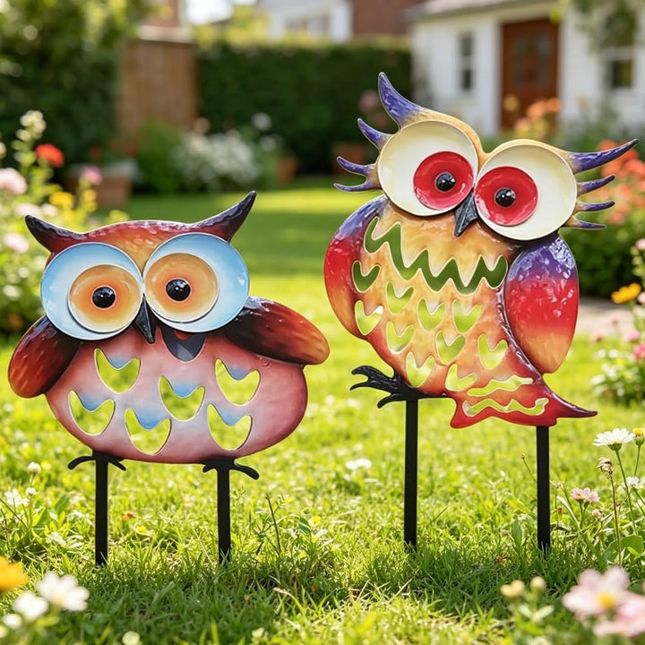 2PCS Gartenstecker Metall Eule, Metall Eulen Deko Garten, Gartenfiguren Me-Tall Eu-le mit Farbe für