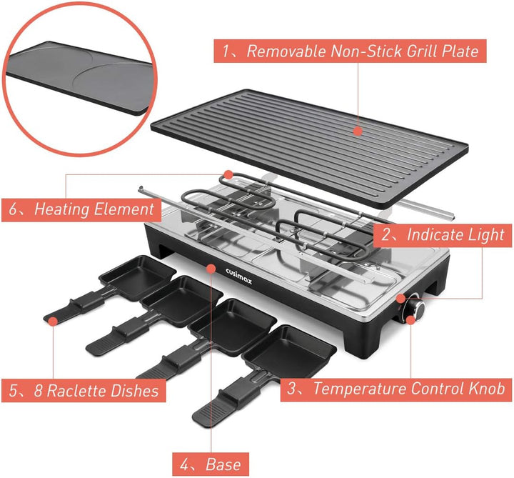 Cusimax Raclette Grill mit Reversible Grillpfanne, Steuerung Partygrill für 8 Personen,Stufenlos Reg