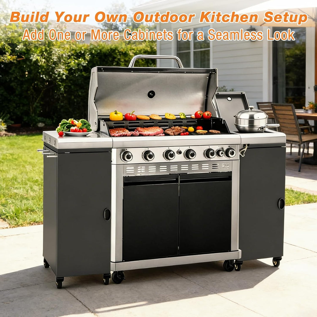 GFTIME Grillwagen mit Stauraum & Haken, Rollbarer Grilltrolley mit 4 Lenkrollen, Outdoor Beistelltis