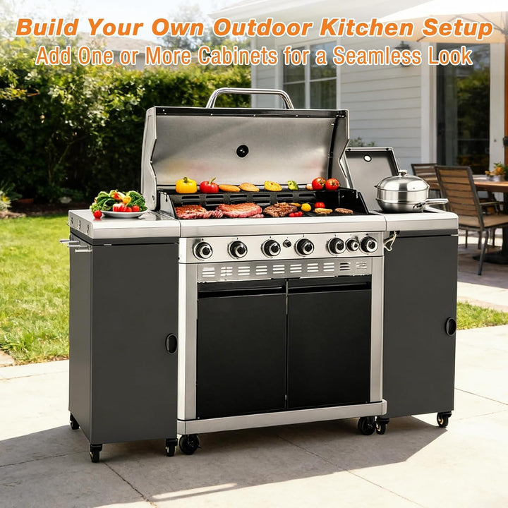 GFTIME Grillwagen mit Stauraum & Haken, Rollbarer Grilltrolley mit 4 Lenkrollen, Outdoor Beistelltis