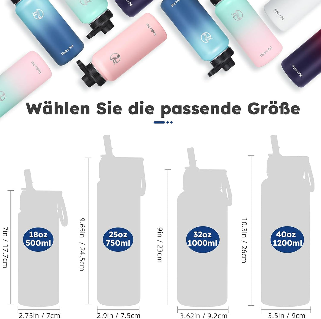 HydroPal Edelstahl Trinkflasche - 750ml, 1L, 1,2L, BPA-Frei, Kohlensäure geeignet, Isolierte Thermos