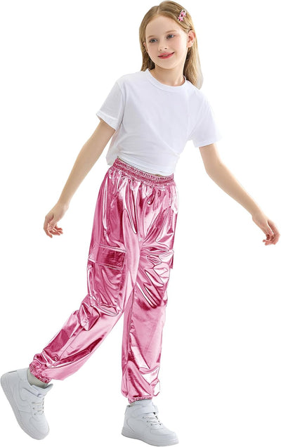Rolanko Kinder Cargo Hose Elastische Taille Jogger Tanz Hose für Mädchen Streetwear Hip Hop Hellrosa