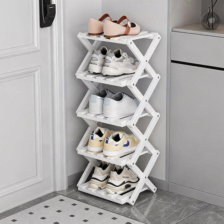 GIRYES Kleines Schuhregal, weiss, 5 Etagen, Bambus, faltbar, Schuh-Organizer, freistehendes Regal fü