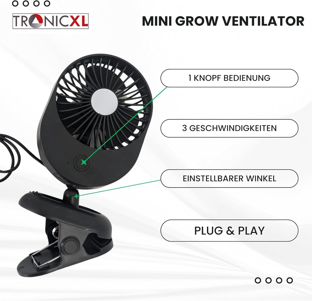 TronicXL USB Ventilator Grow mit Clip Klipp Klemme Klemmventilator I Clipventilator für Homebox Grow