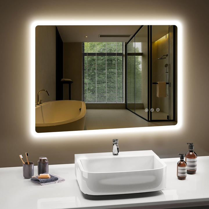 80x60 cm LED Badspiegel mit Beleuchtung – Dimmbare, Antibeschlag, 3 Lichtfarben, IP44, Speicherfunkt