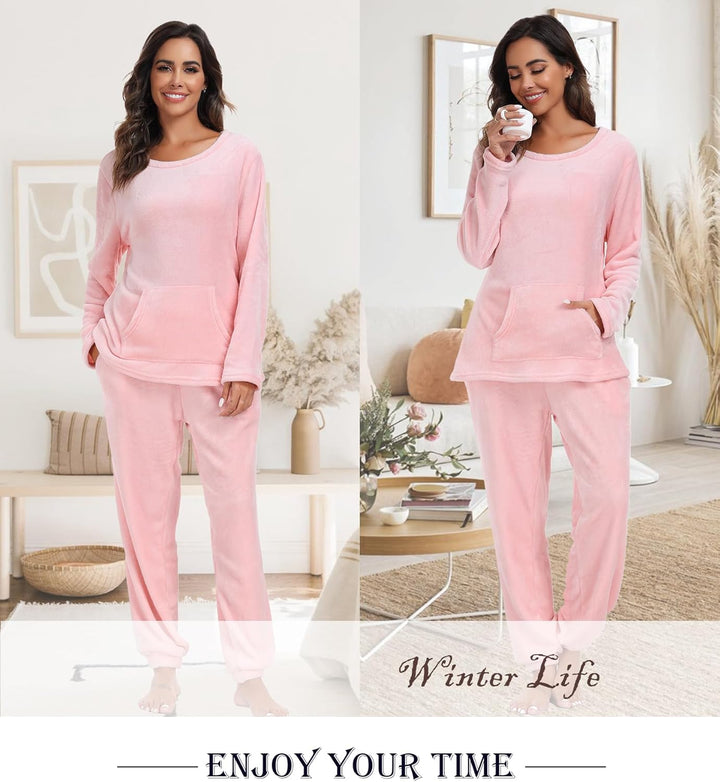 Lovasy Fleece Schlafanzug Damen Lang Winter Warmer Pyjama Set Flauschiger Frottee Schlafanzüge für D