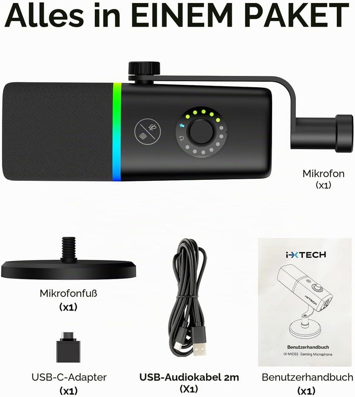 IXTECH Gaming USB Mikrofon für PC, Geräuschunterdrückung, Kondensatormikrofon für Podcasts und Video
