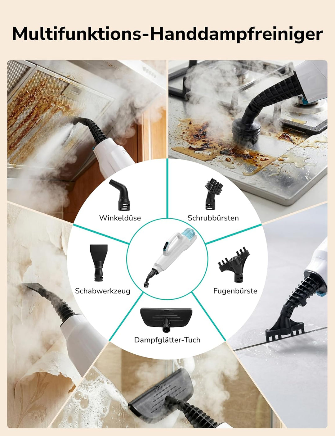 Dampfreiniger 10-in-1 mit Handgerät, 15s Schnellaufheizung, 2 Dampfstufen &amp; Sprayfunktion, 500 ml Ta