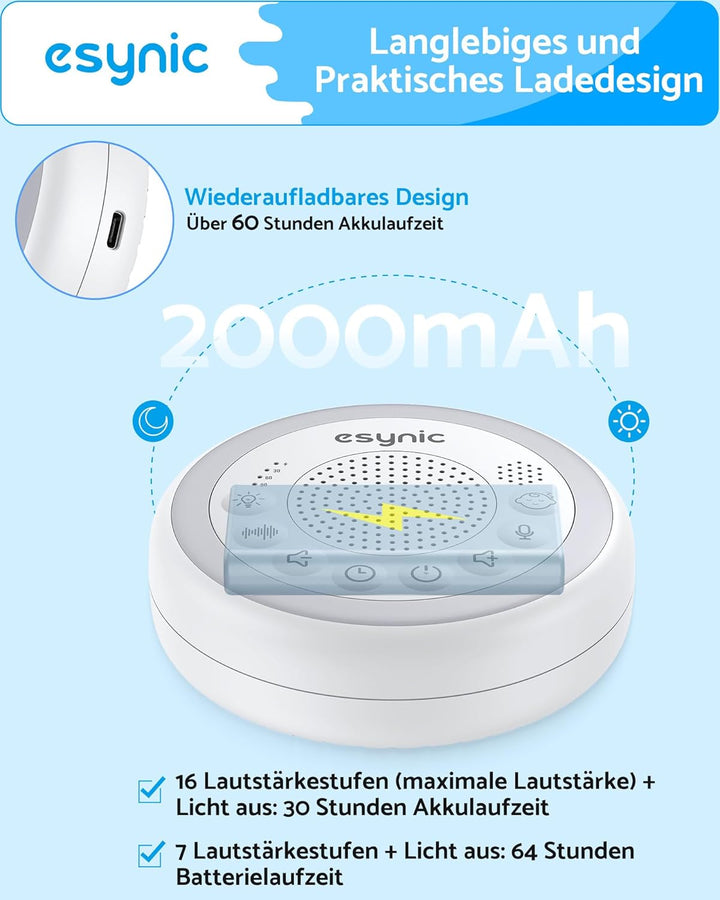 eSynic White Noise Machine für Baby Einschlafhilfen Kinder Weisses Rauschen Machine 24 Sound Weinen-