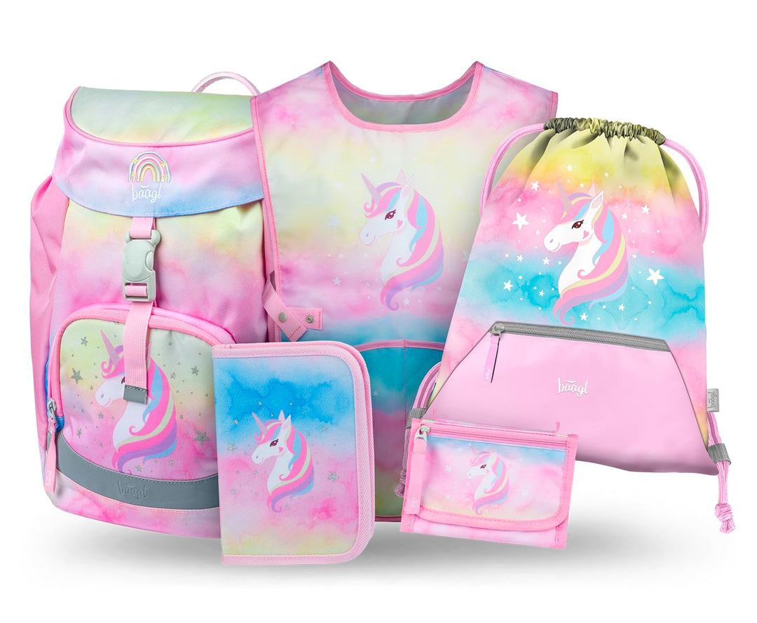 Baagl Schulranzen Mädchen Set 5 Teilig (Airy Schultasche für 1. Klasse, Mäppchen, Turnbeutel, Schürz