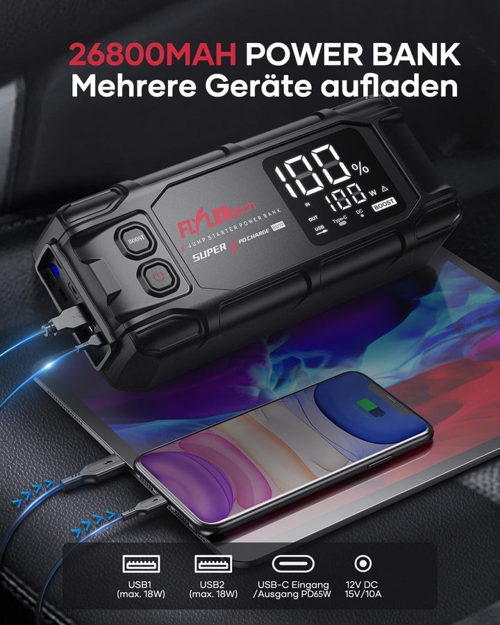 FLYLINKTECH Starthilfe Powerbank, 8000A Spitzstrom, PD65W In/Out Schnellladung Starter Powerbank für