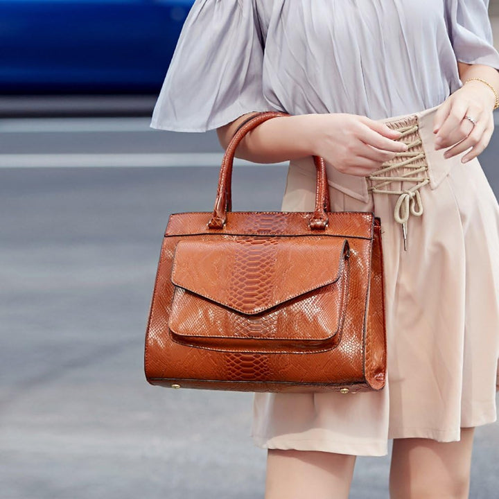 Damen Henkeltasche mit Schulterriemen aus PU-Lackleder Schlange Textur Schultertasche Umhängetasche