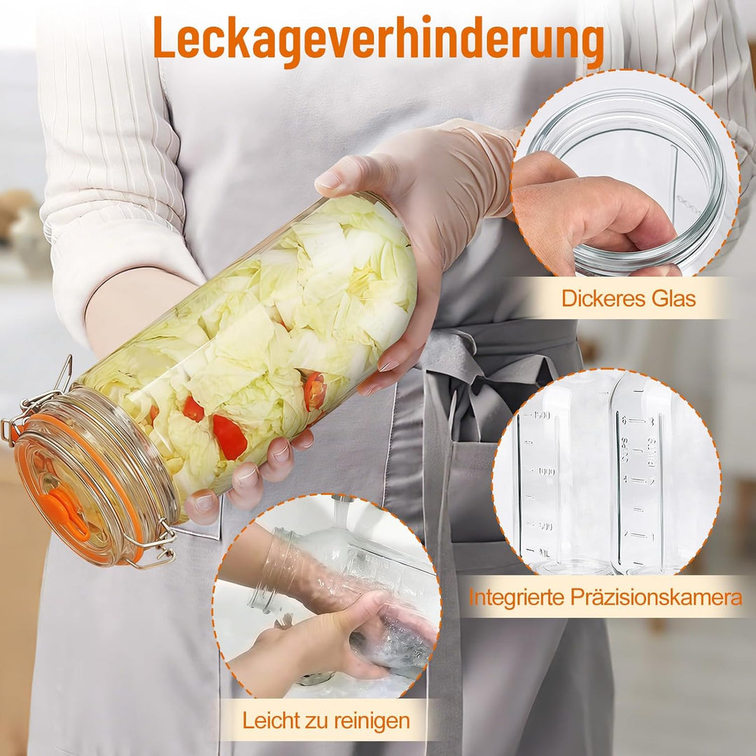 Fermentierglas 2 Stück 2L, Fermentationsglas mit Gärventi & Gewicht, Kimchi Behälter, Gärglas für Sa