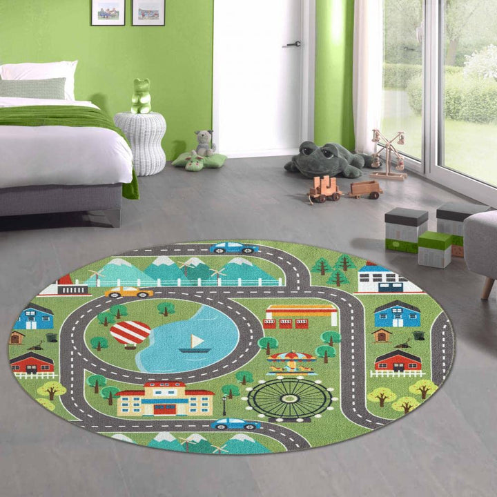 CARPETIA Teppich Kinderzimmerteppich Matte Matte mit Fahrspass für Fahrzeuge und Parkplätze in grün