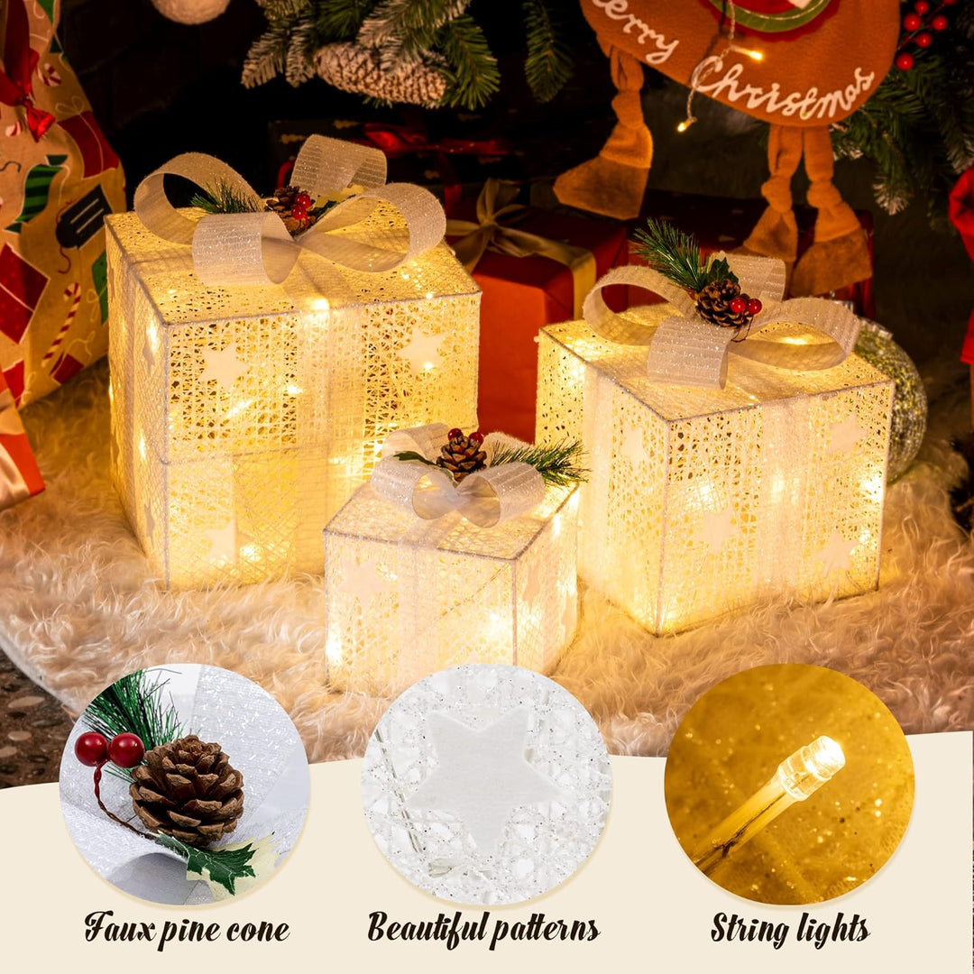 GIGALUMI 3er Set LED Geschenkbox mit Schleife Leuchtend Geschenkeboxen Lichtbox Weihnachts Dekoratio