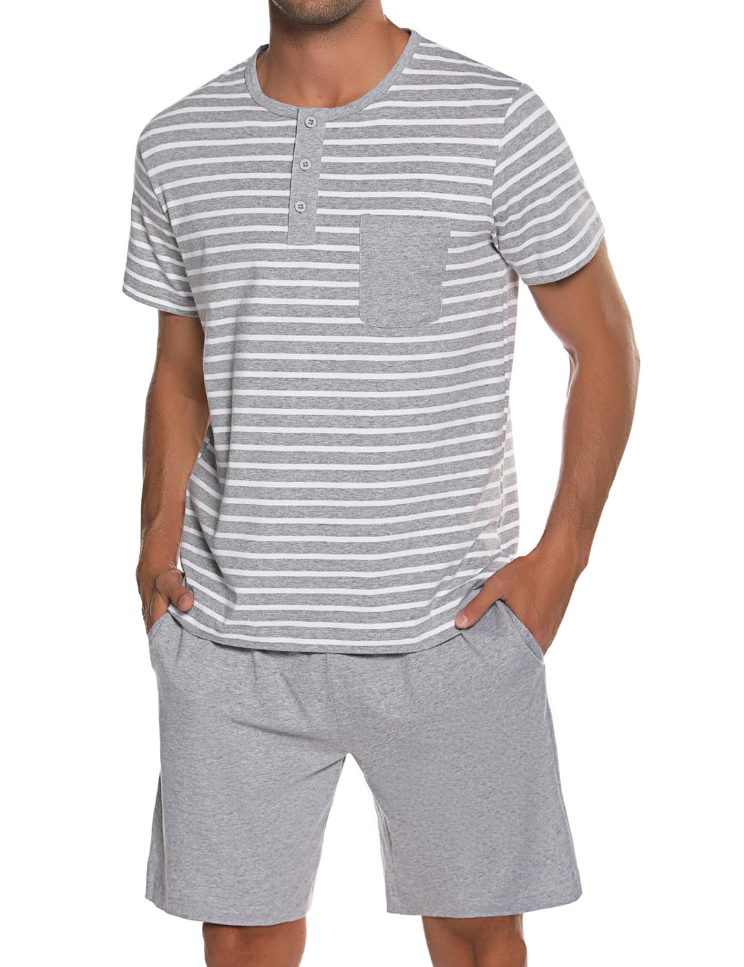 Schlafanzug Herren Kurz aus Baumwolle mit Kontraststreifen Design, Sommer Pyjama Set Oberteile und K